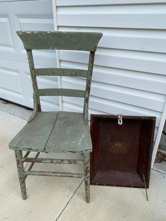 Antique chair with green chipping paint, Victrola top lid