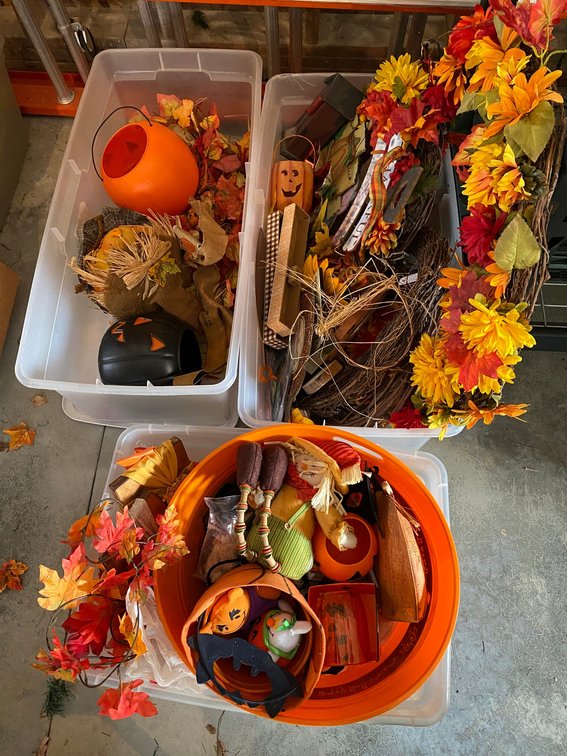3 Totes of fall and Halloween decorations