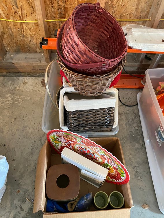 Tote full of wicker baskets for holiday decorating, Nautica bath set, large colorful charger, new in box wedding photo album