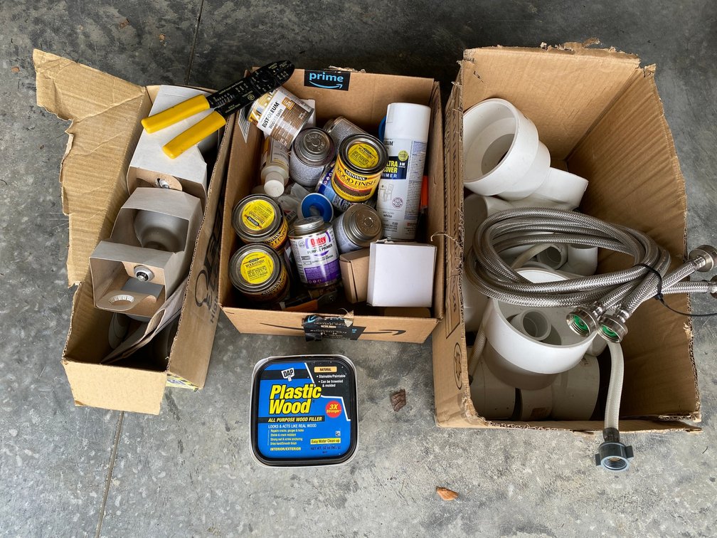 PVC pipe fittings, washing machine hoses, wire strippers, stain