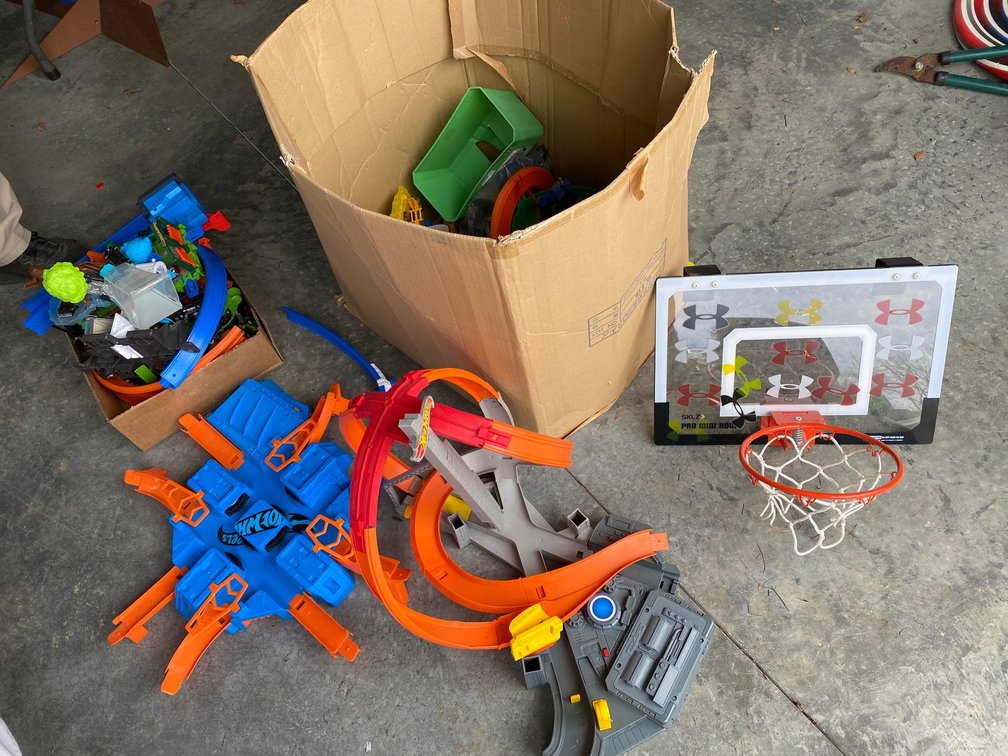 Hot Wheels toys, track, small hooks over the door basketball hoop