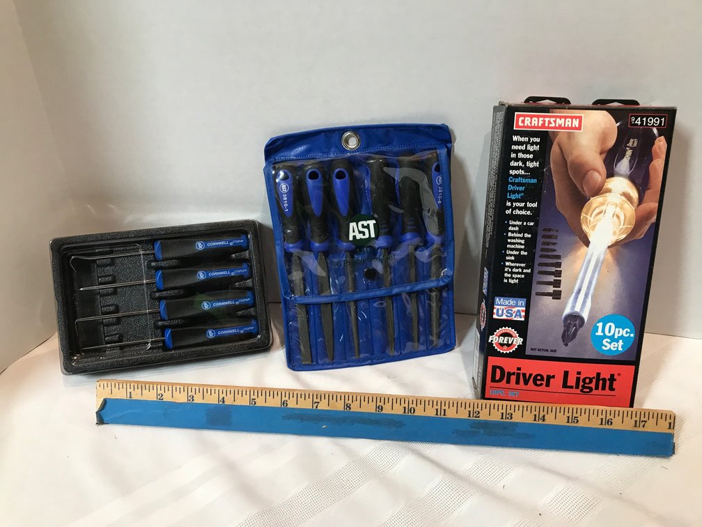 4-Piece set of Cornwell O-ring picks, set of files and a Craftsman driver light kit