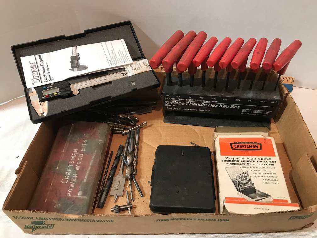 Craftsman 10-piece T-handle hex key set, drill bits and a Titan electronic digital caliper
