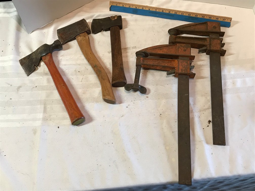 3 Hatchets and 2 bar clamps