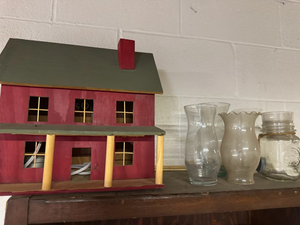 Decorative wooden barn, lamp globes and more