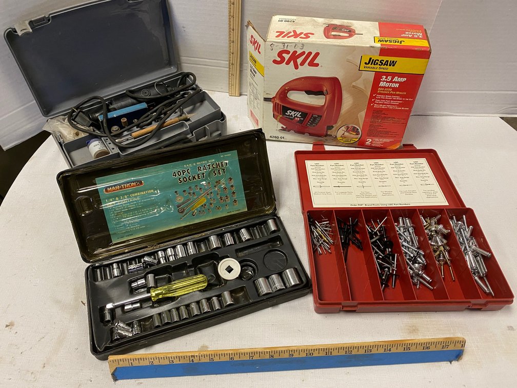 Skil Jig Saw, Rivets, Sockets, and Dremel Tool