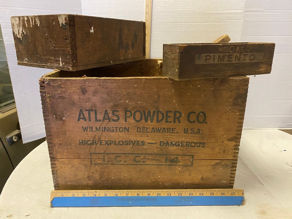Early Wooden Boxes, Atlas Powder Company Explosive Box, Pimento Cheese Box, Levels