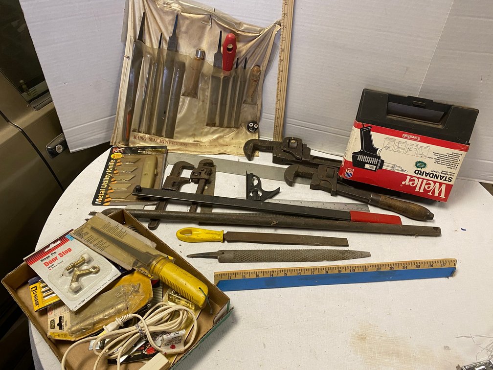 Pipe Wrenches, Files, Utility Knife, Weller Soldering Gun, Squares
