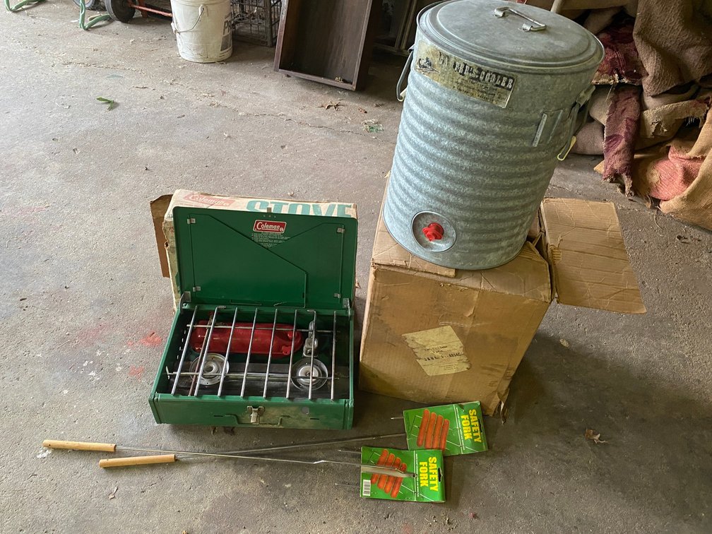 Coleman Camping Stove, Galvanized Drink Cooler, 2-Safety Fork Style Hot Dog Sticks