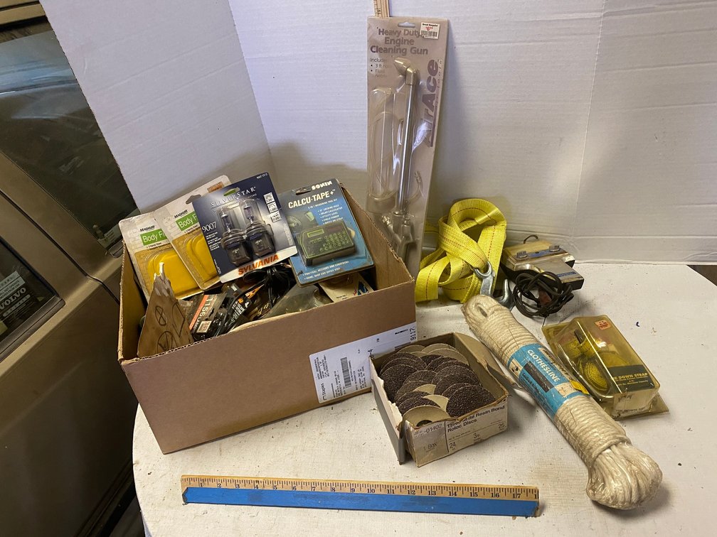 Air Blowing Gun, Tow Strap, Headlight Bulbs for Automobiles, Sanding Disks, Tack Tool, Body filler Accessories
