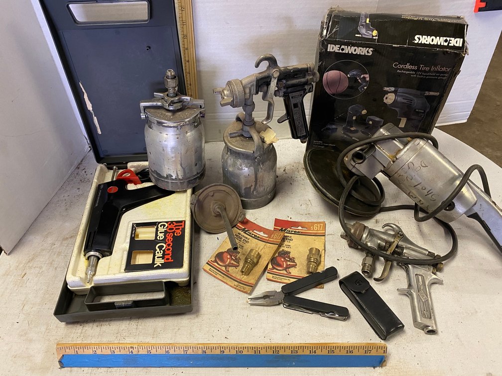 Air Paint Sprayers, Angle Grinder, Ideal Works Tire Inflator and Glue Gun