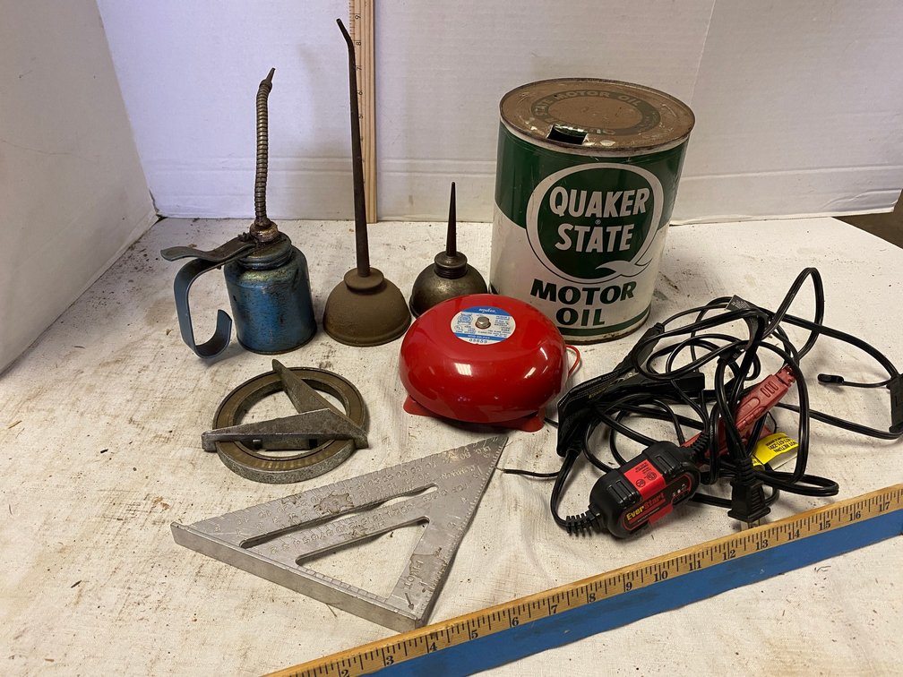 Oil Cans, Bell, Speed Square, 12V trickle Charger, Vintage Quaker State Motor Oil Can