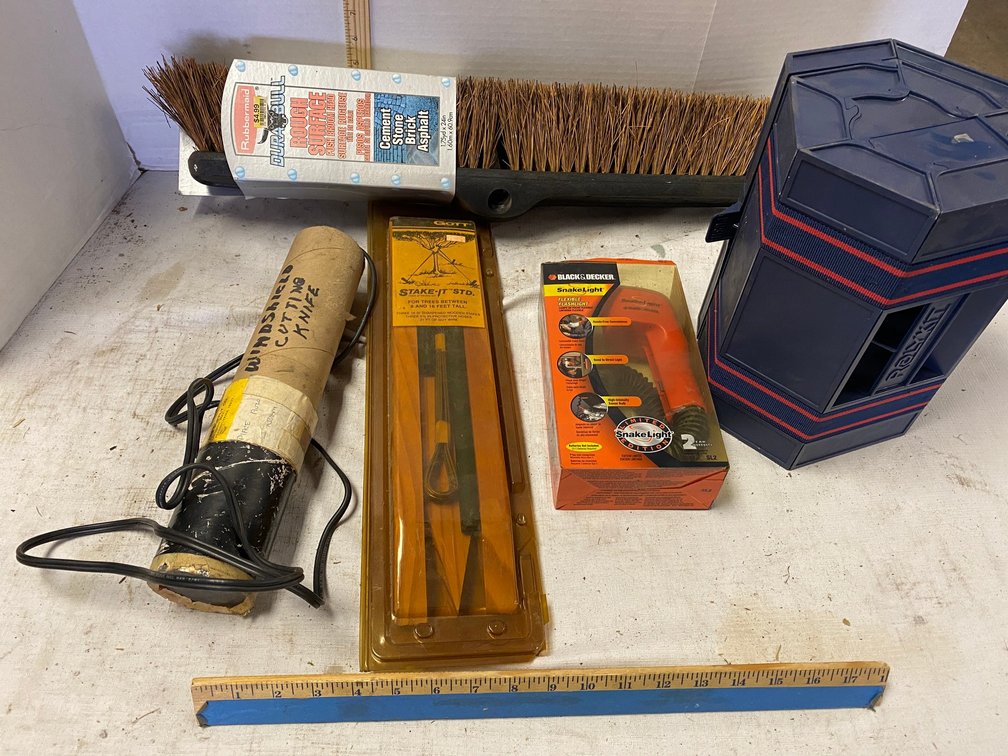 Windshield Cutting knife, Snake Light, Stake Set for a Tree, 24 inch Broom, Rolykit for Small  Hardware