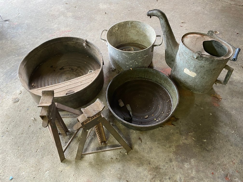 Early Metal Oil Drain Pan, Metal Watering Can, Pair of Jack Stands, Oil Drain Pot