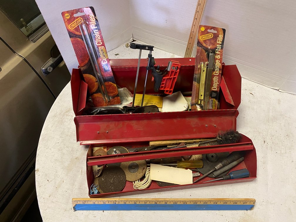 Metal Tool box with Tray, Chainsaw Chain Sharpening  Accessories