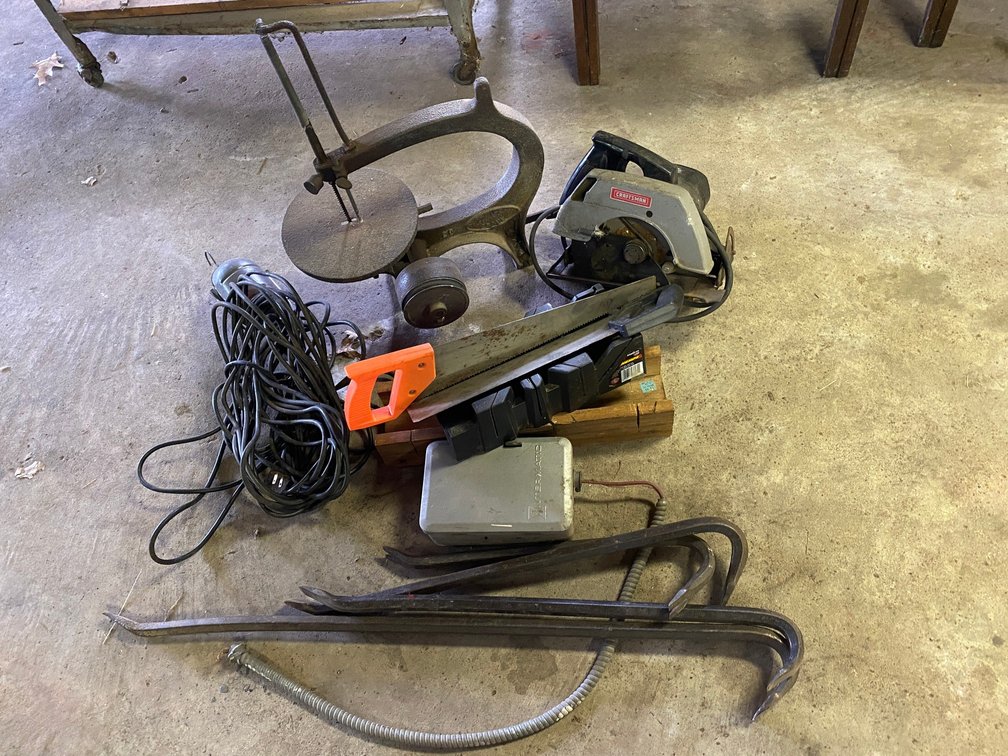 Miter Saws, Nail Bars, Trouble Light, Early Scroll Saw, Timer