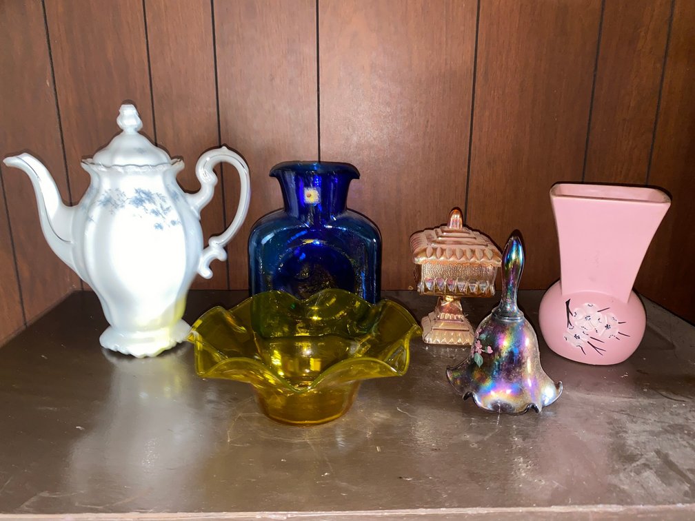 Carnival hand Painted Glass Bell, Blue Blenko Glass Pitcher, McCoy Vase