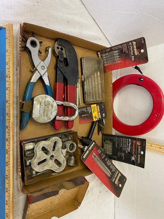 Fish tape , Leather Punch, Puller, Driver Bits, Pad Lock with Key