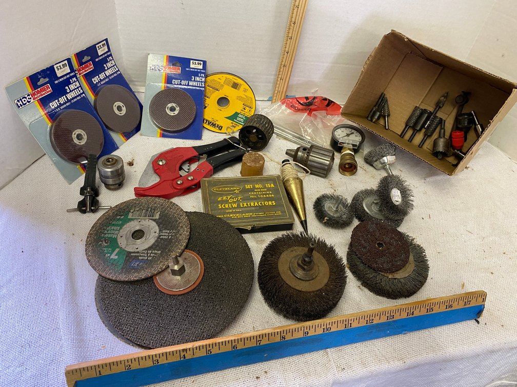 3 inch cut off Wheels, Tubing cutter, Plumb Bob, Screw Extractors, Wire Wheels