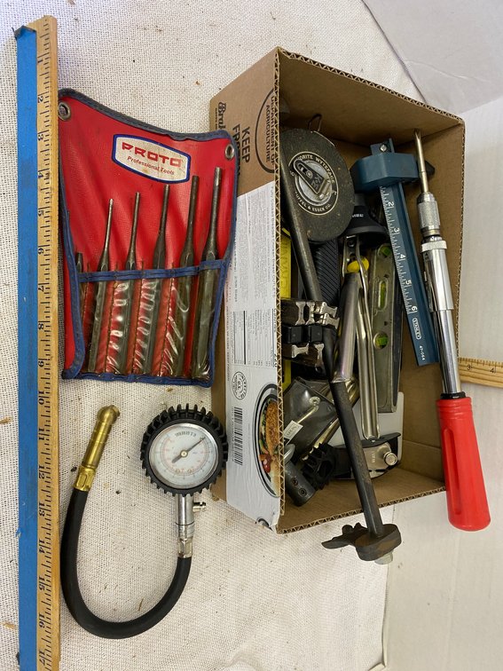 Proto Punches, 50 Foot Tape Measure, Air Pressure Gauge, Drive Bits, Stud Finder