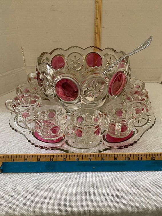 12 Cranberry and clear glass Punch Set