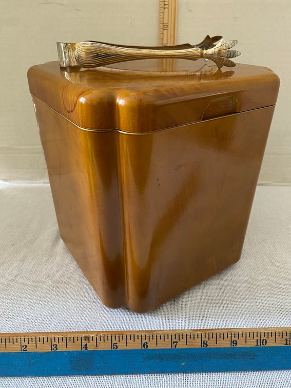 Mid Century Faux Wood Grain Ice Bucket, Silver Plate Tongs