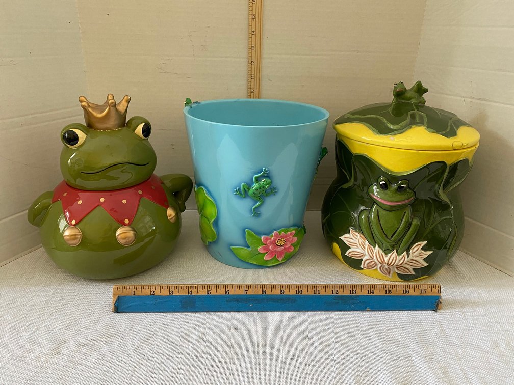 2 Frog Cookie Jars Ceramic , 1-Acrylic Frog, Planter or Small Trash Can
