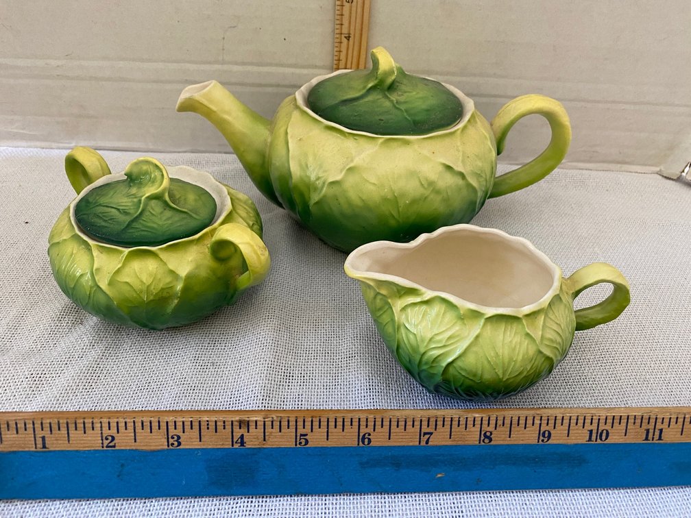 3-Piece Set Cabbage themed Tea Pot, Creamer, Sugar with Lid