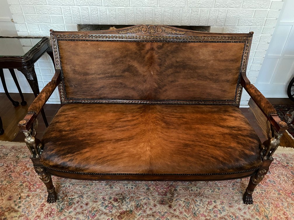 Faux Cowhide Wooden Settee with Brass Sphinx and Paw Feet