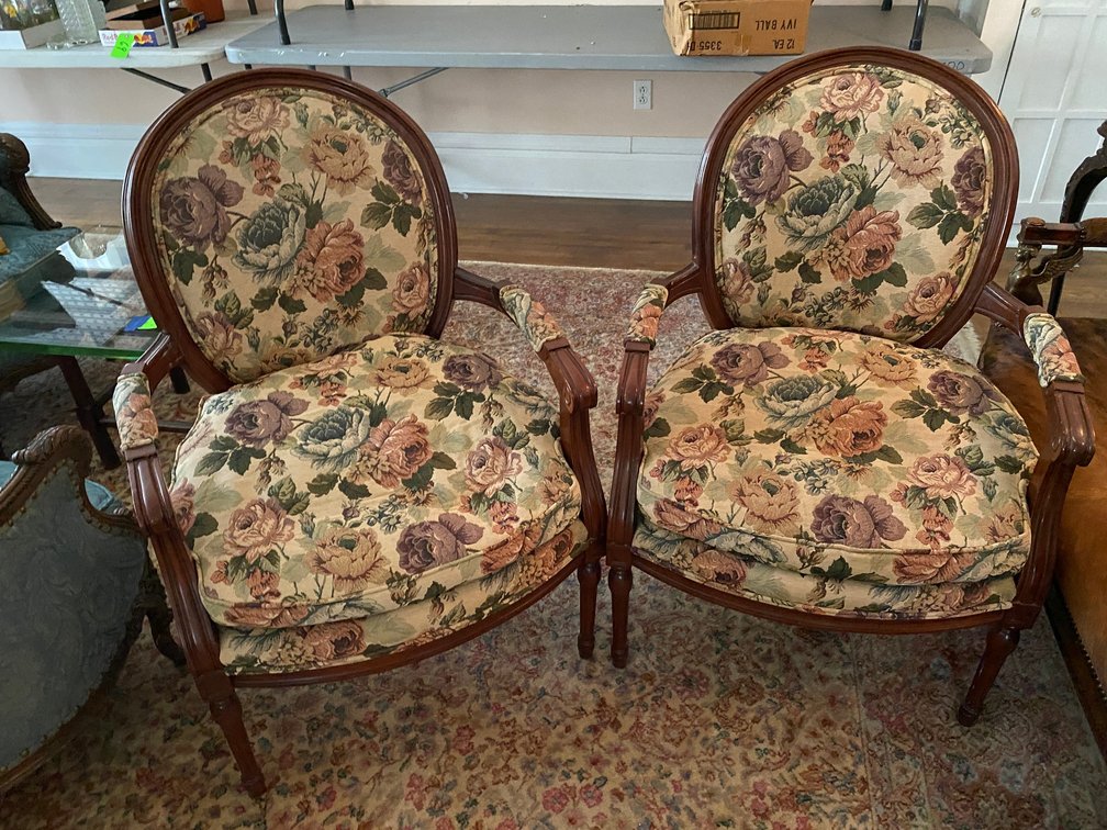 Pair of Matching Floral upholstered Wood Framed Parlor Chairs