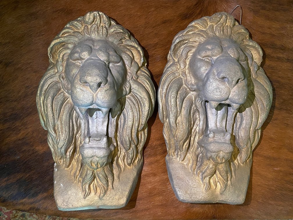 Matching Pair of Decorative Concrete Lion Faces