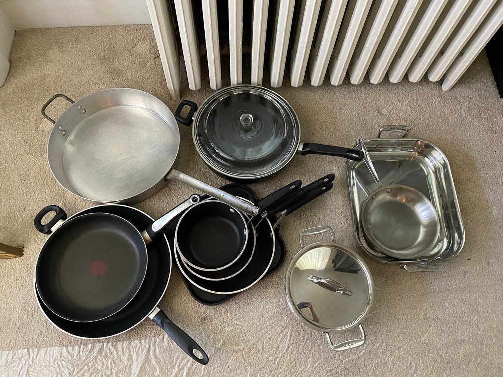 Box of Kitchenware, Skillets, Stainless Steel Pot,