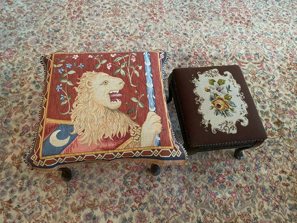 Pair of Needle Point Foot Stools, With Carved Wooden Bases
