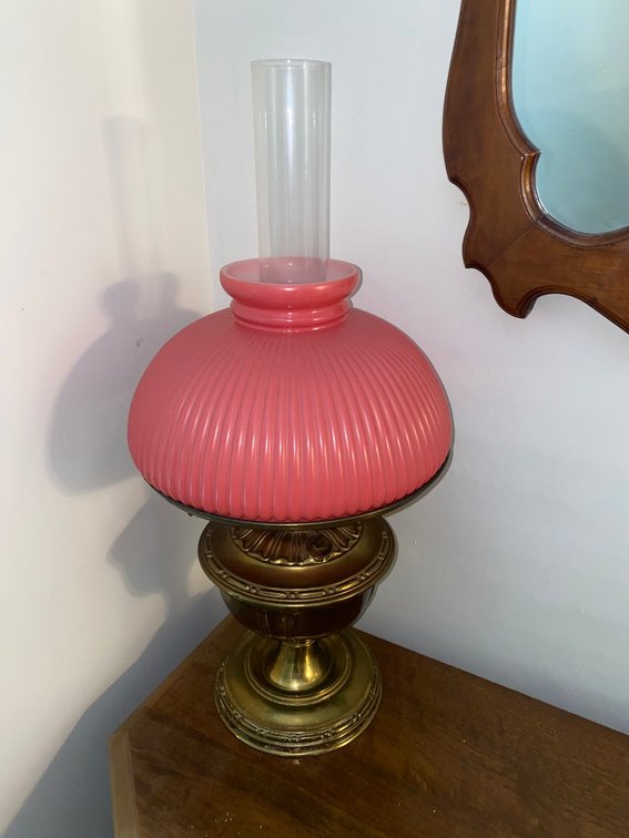 Electrified vintage brass student lamp with ruby red fluted glass shade
