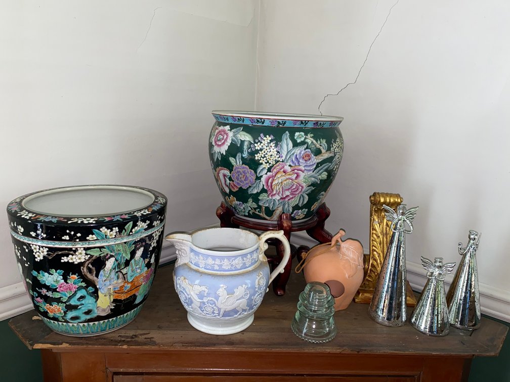 Pedestal, collection of ceramic Chinese fishbowl planters and other ceramic items