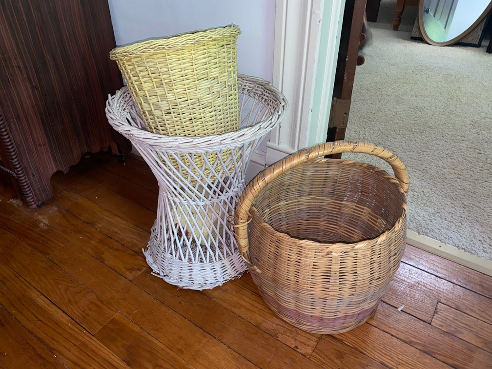Vintage woven home baskets, hourglass shaped pedestal stand