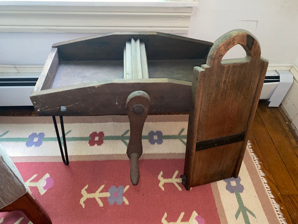 Primitive cabbage slicer/slaw cutter,  Possibly a hand crank laundry mangle or clothes ringer