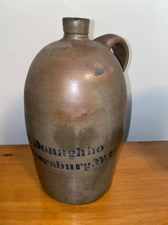 Antique stoneware jug A.P. Donaghho, Parkersburg, WV