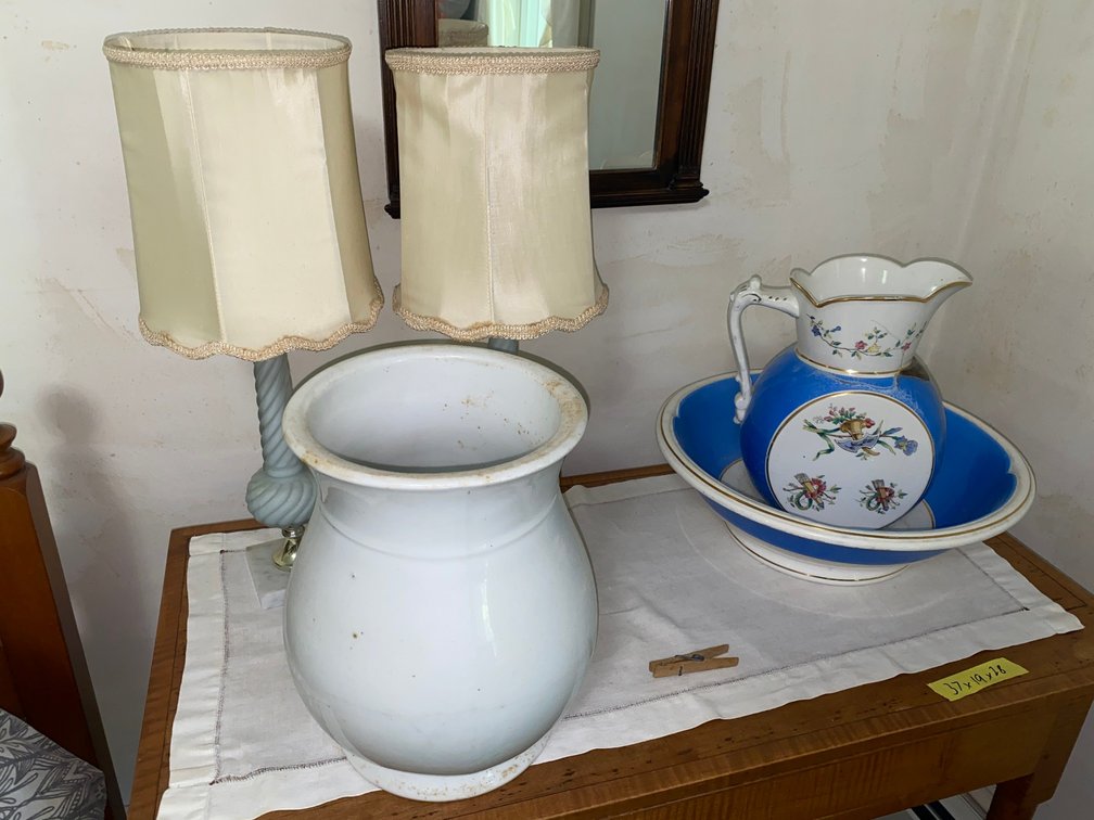 Lamps, Victorian porcelain wash set featuring banded design and floral decorations