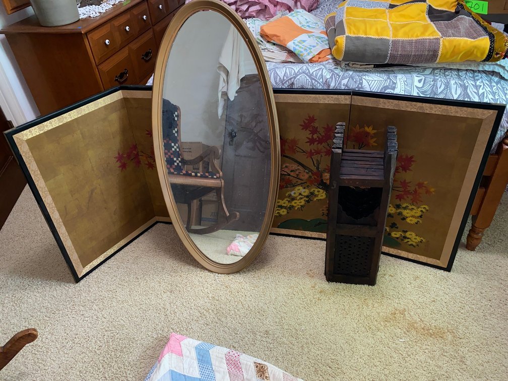 4 Panel Japanese  Screen featuring hand painted Autumn maple with gold leaf background and mirror