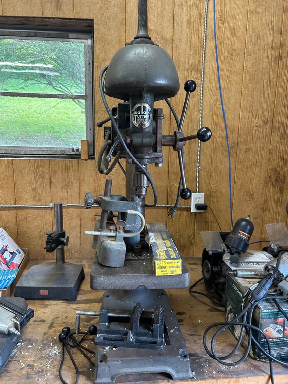 Walker Turner variable speed drill press, mortising attachment
