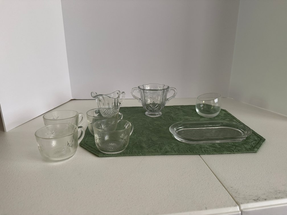 8 Etched Clear Glass Cups, Creamer, Sugar Bowl, Relish Tray