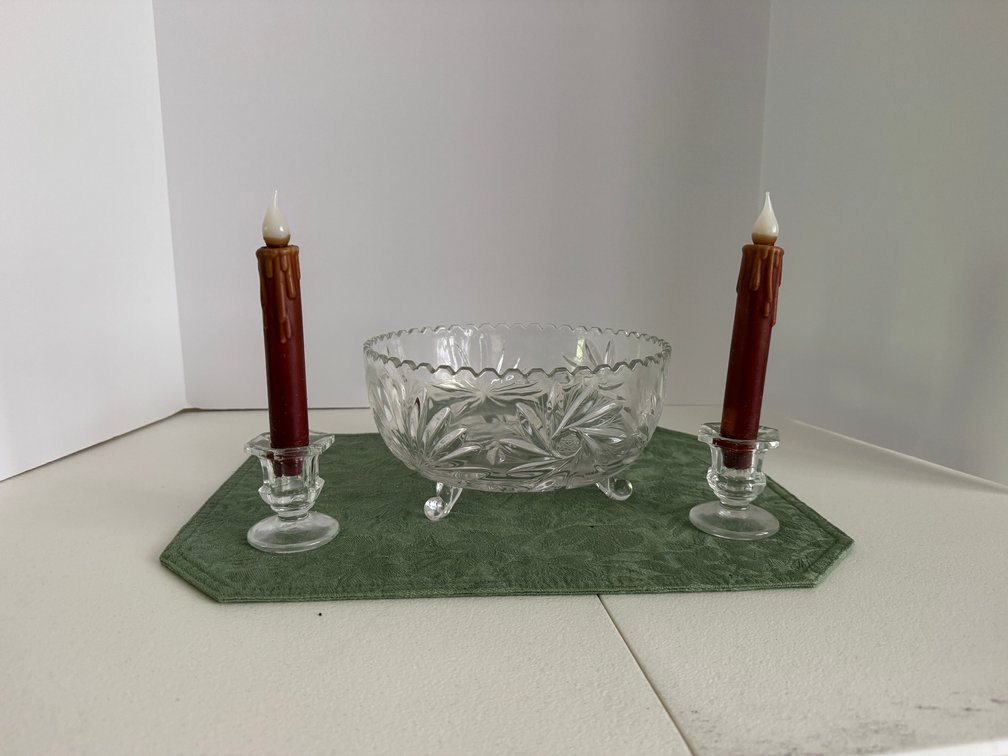 Cut Glass Footed Bowl, Candlestick Holders, Faux Candles