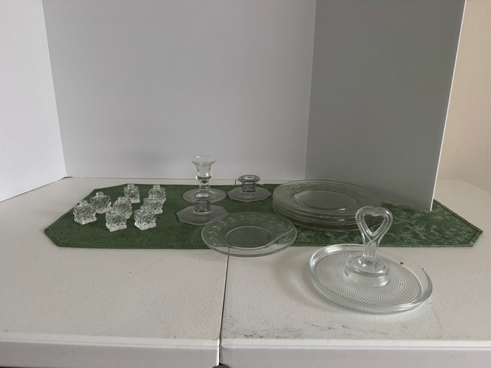 Pressed Glass Plates, Candlestick Holders, Serving Dish
