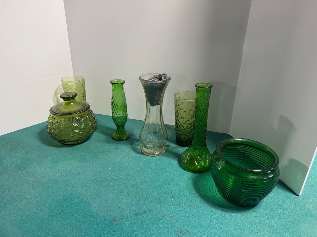 Green Glass Lidded Dish, Tumblers, Vases, Clear Vase