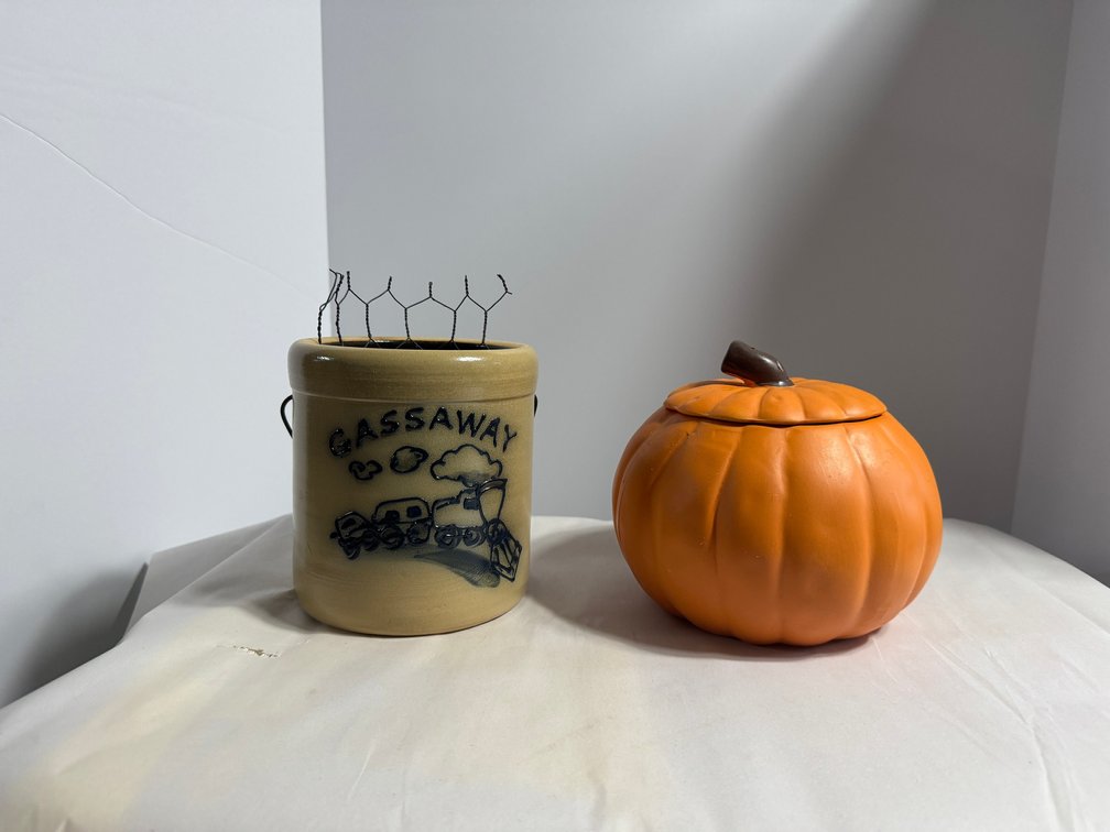 Stoneware Crock and Ceramic Pumpkin Jar