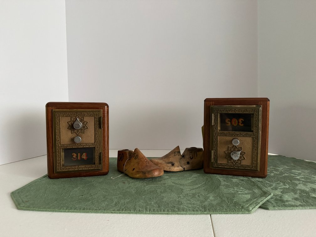 Post Office Box Door Coin Banks and Wooden Shoe Lasts