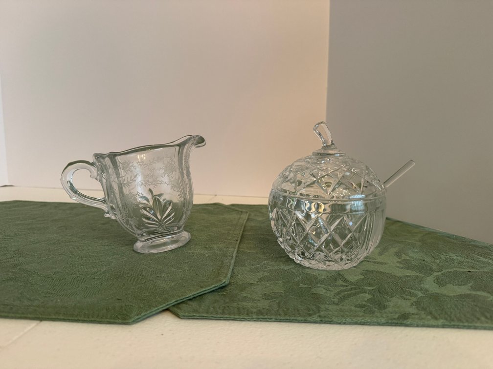 Etched Glass Creamer and Diamond-Cut Lidded Jar