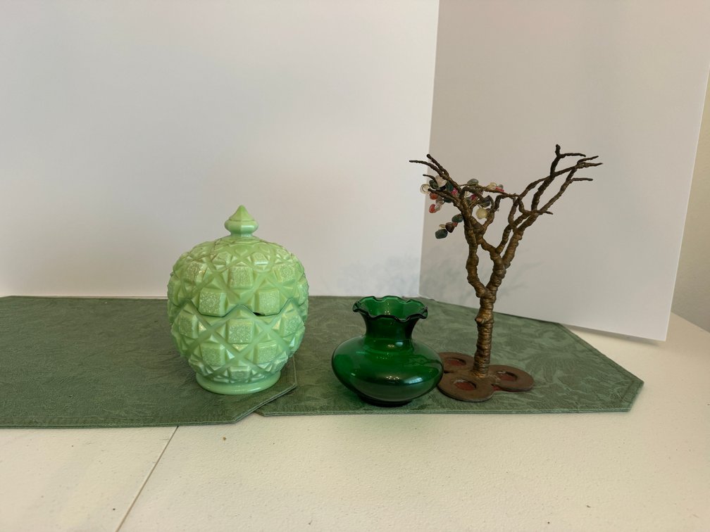 Glass Lidded Dish, Glass Vase, Wood Vase, Wire Tree