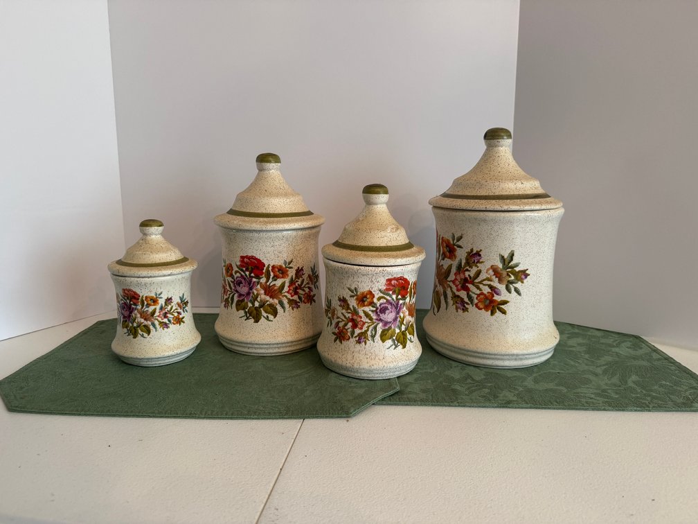 Set of 4 Floral Stoneware Canisters